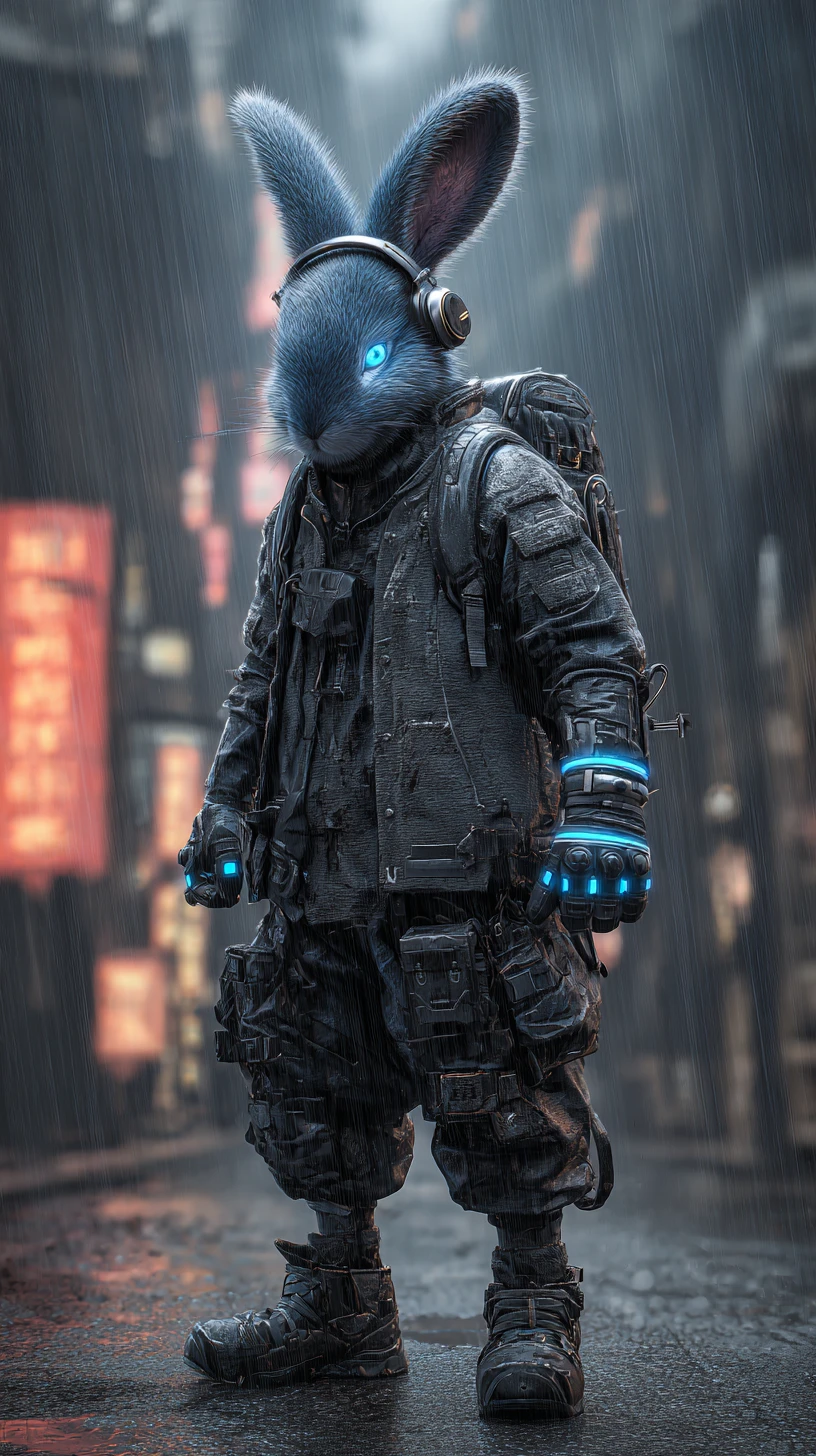 Guerrero conejo cyberpunk que brilla en un callejón neón bajo la lluvia