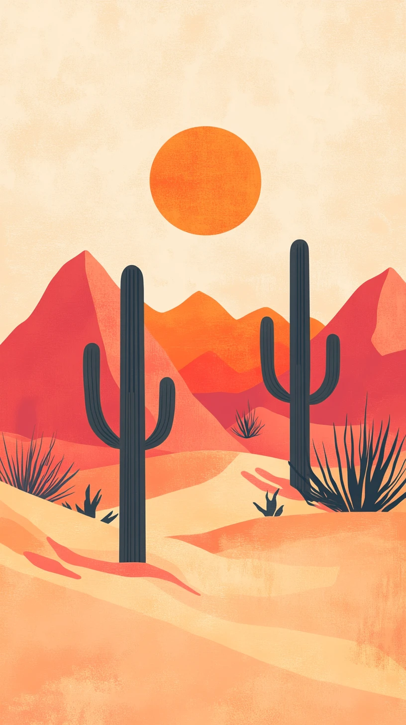 Paisagem desértica minimalista com montanhas, cactos e lagartos