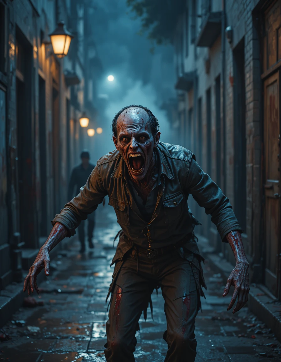 Zombie en décomposition se jetant sur une victime terrifiée dans une ruelle sombre