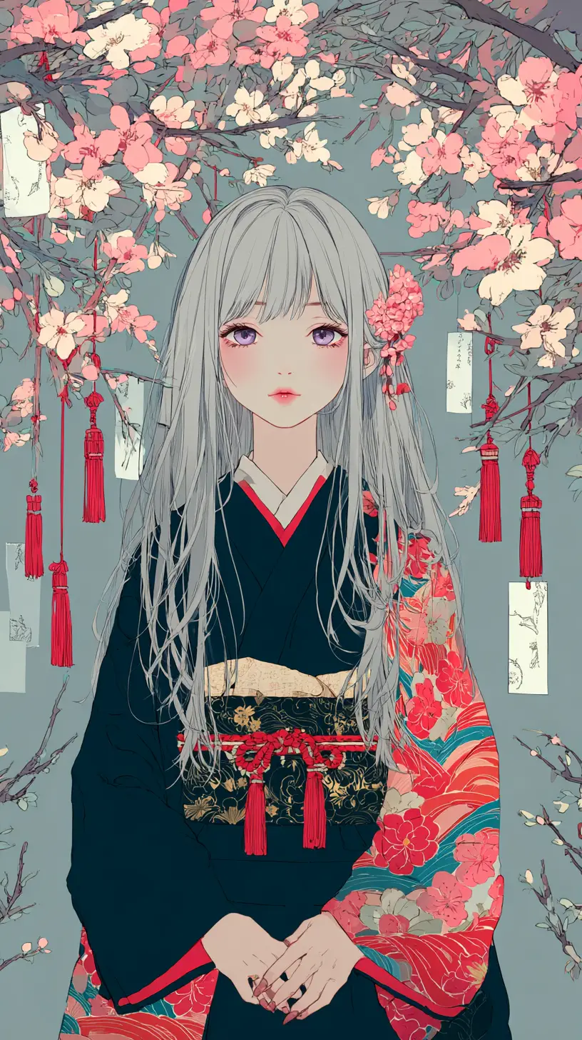 銀髮和服花紋Anime少女在櫻花樹下