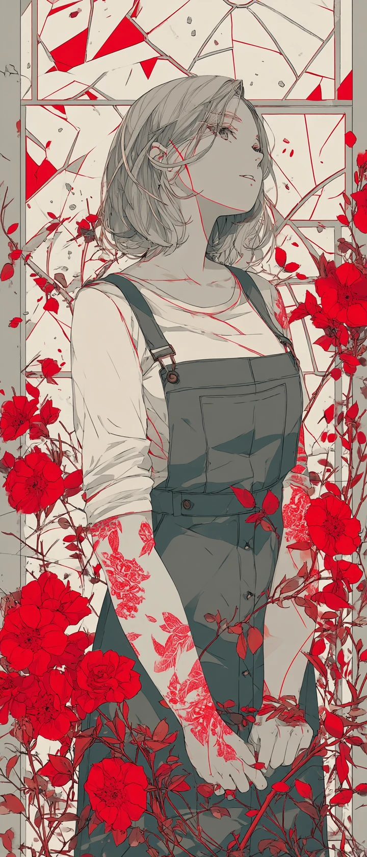Jardineiro de anime em estufa rachada com tatuagens florescendo