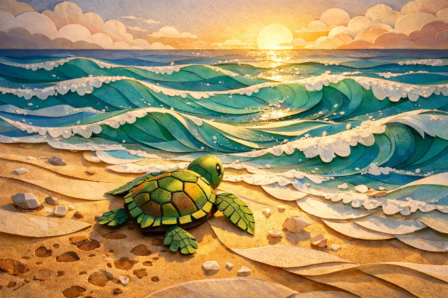 Bébé tortue de mer en papier sur plage et vagues océaniques en couches