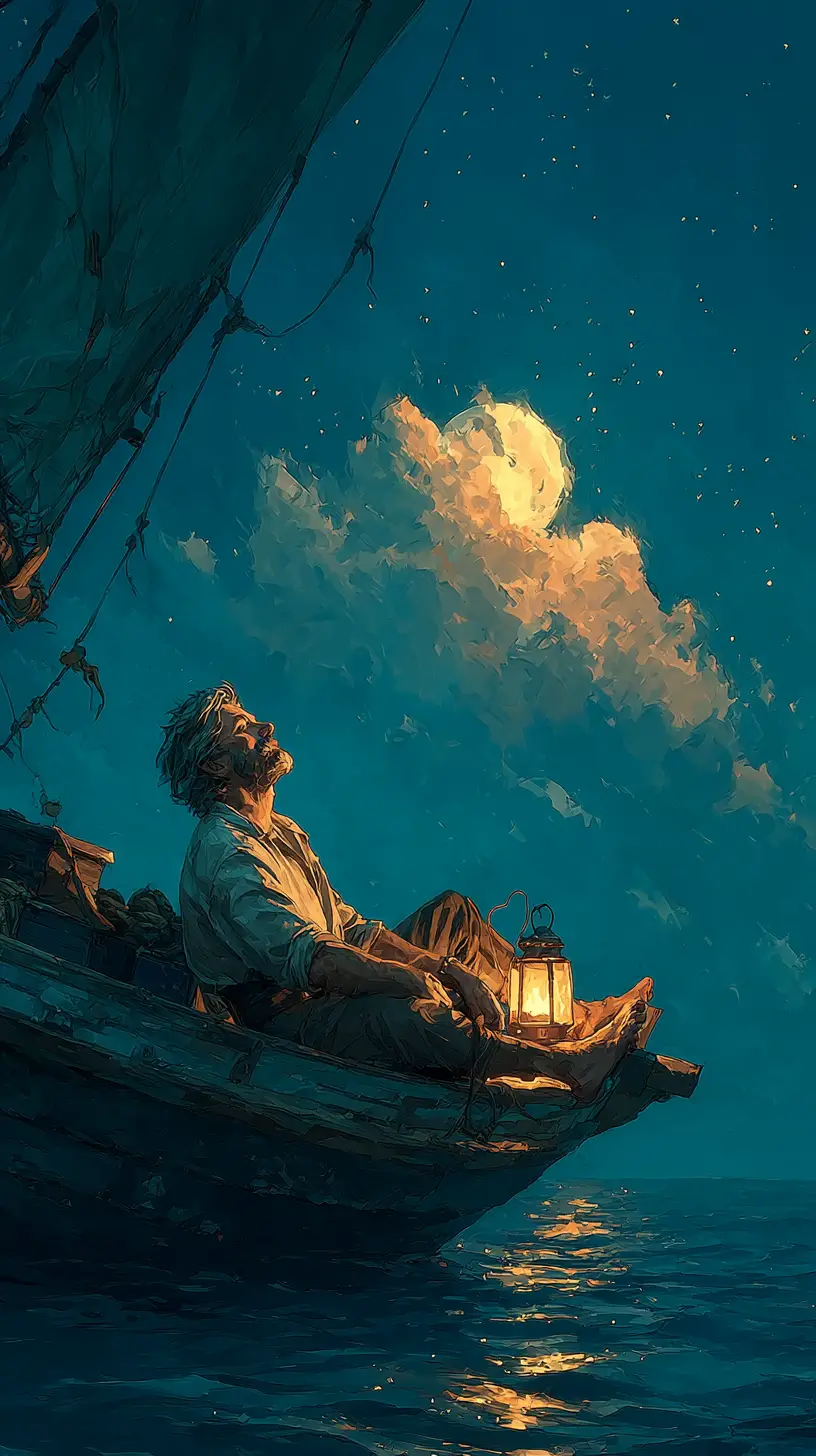 孤獨男子駕駛木船航行於夜色海洋