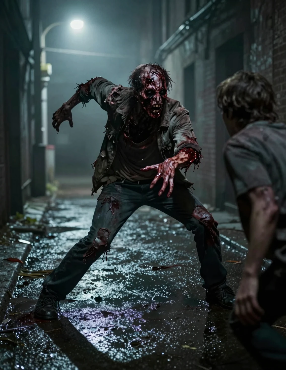 Zombie en décomposition se ruant dans une ruelle urbaine sombre et brumeuse