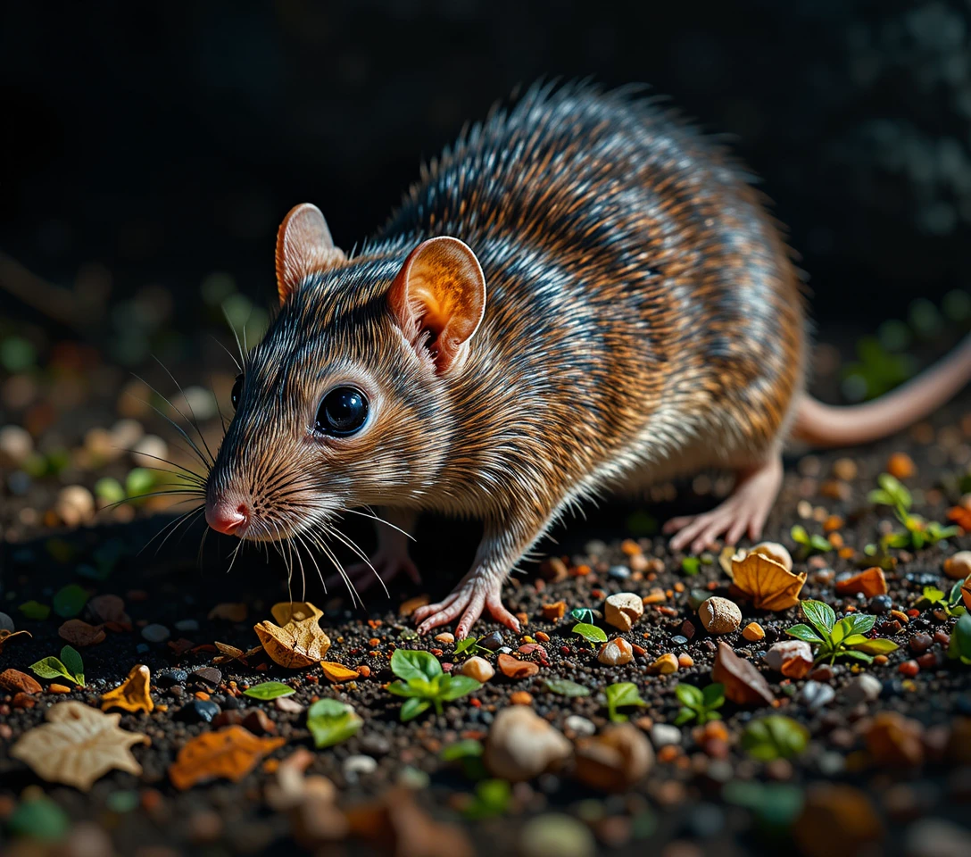 Ratto selvatico marrone in cerca di cibo su terreno terroso