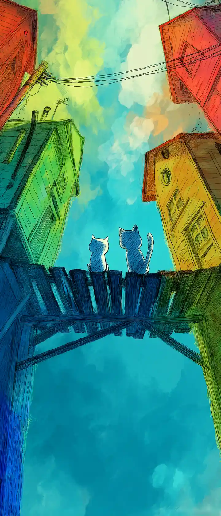Anime cat and dog drawing a magical rainbow bridge
