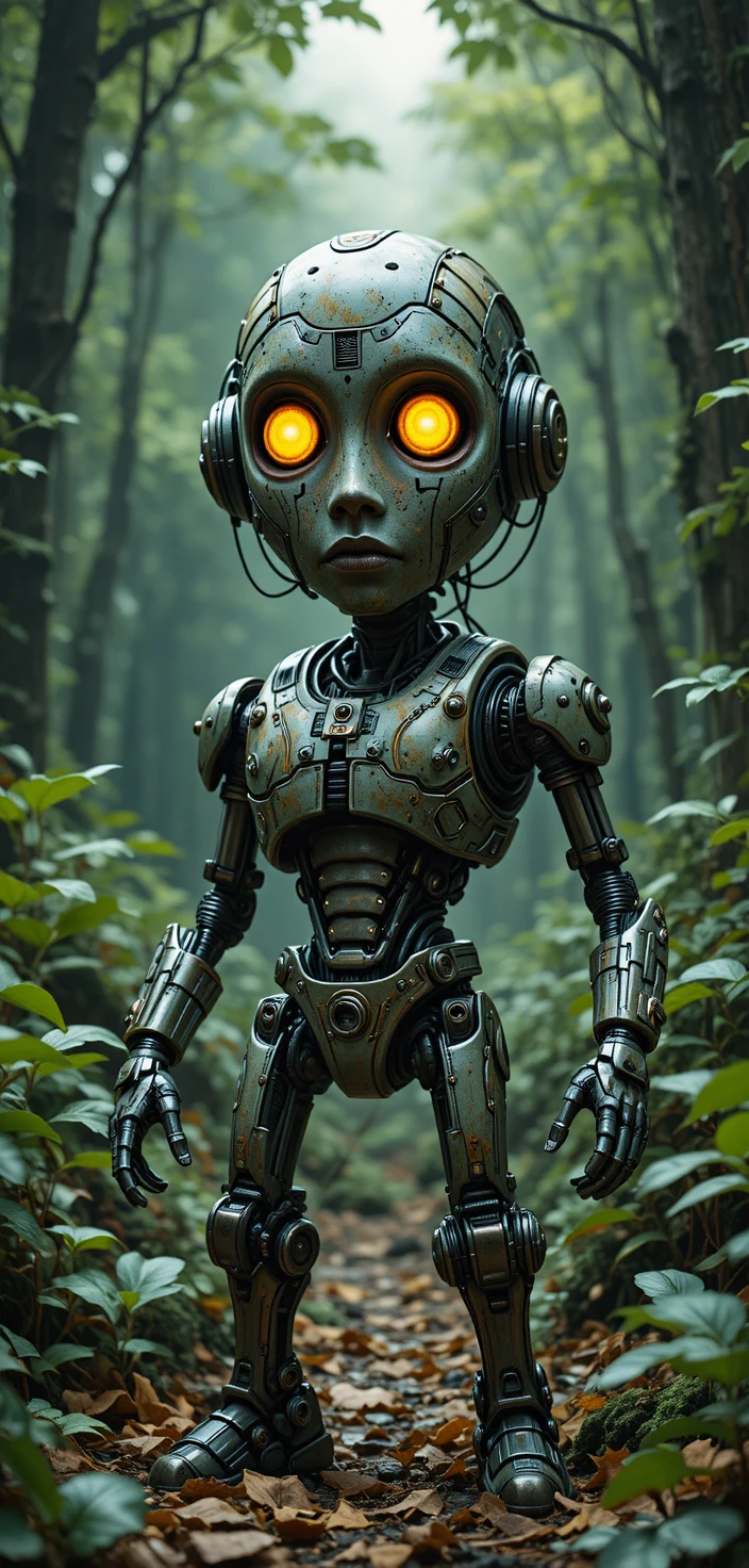 Humanoider Roboter in Tarnrüstung bewegt sich durch Waldszene