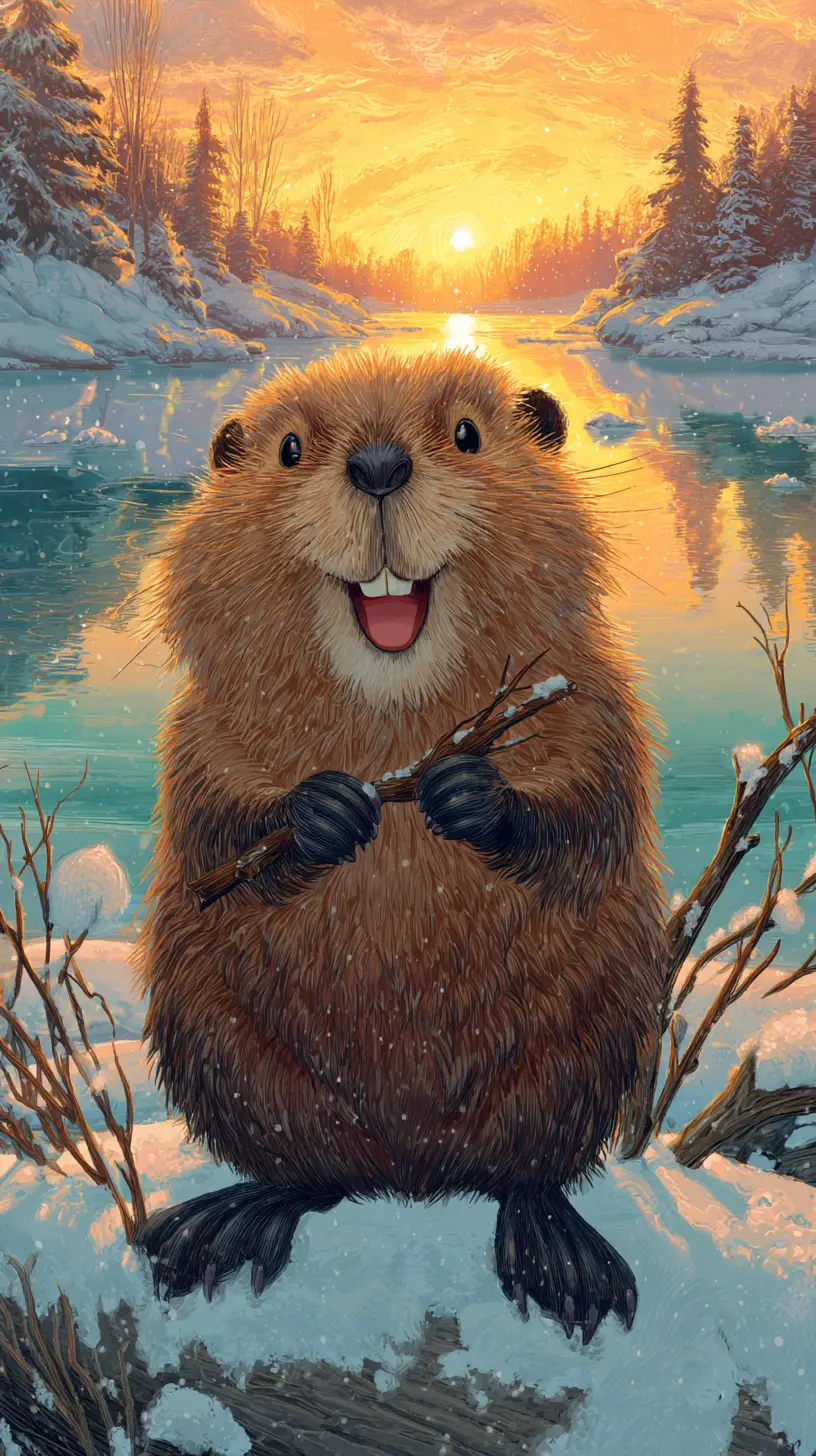 Castor joyeux sur un rocher enneigé au bord d’un lac d’hiver