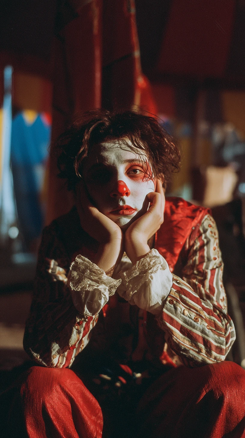 Clown triste che riposa accanto alla pista del circo in una calda luce da pellicola