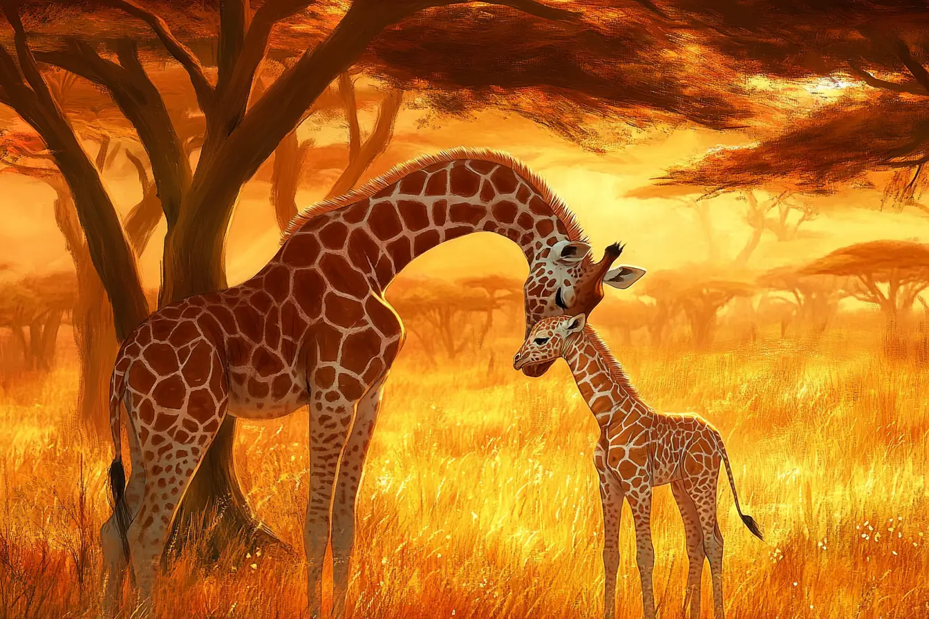 Giraffa neonata che si coccola accanto alla madre al tramonto