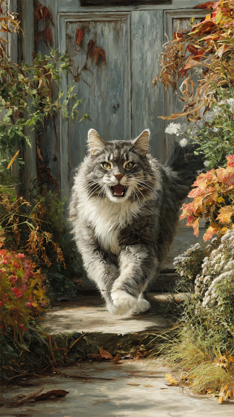 Chat joueur gris et blanc courant dans un jardin d’automne