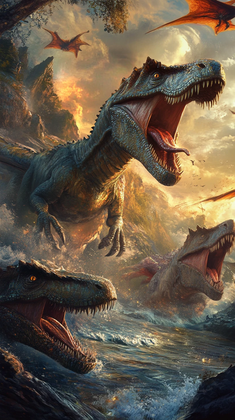 Dinossauros coloridos com diferentes características e ninhos com ovos