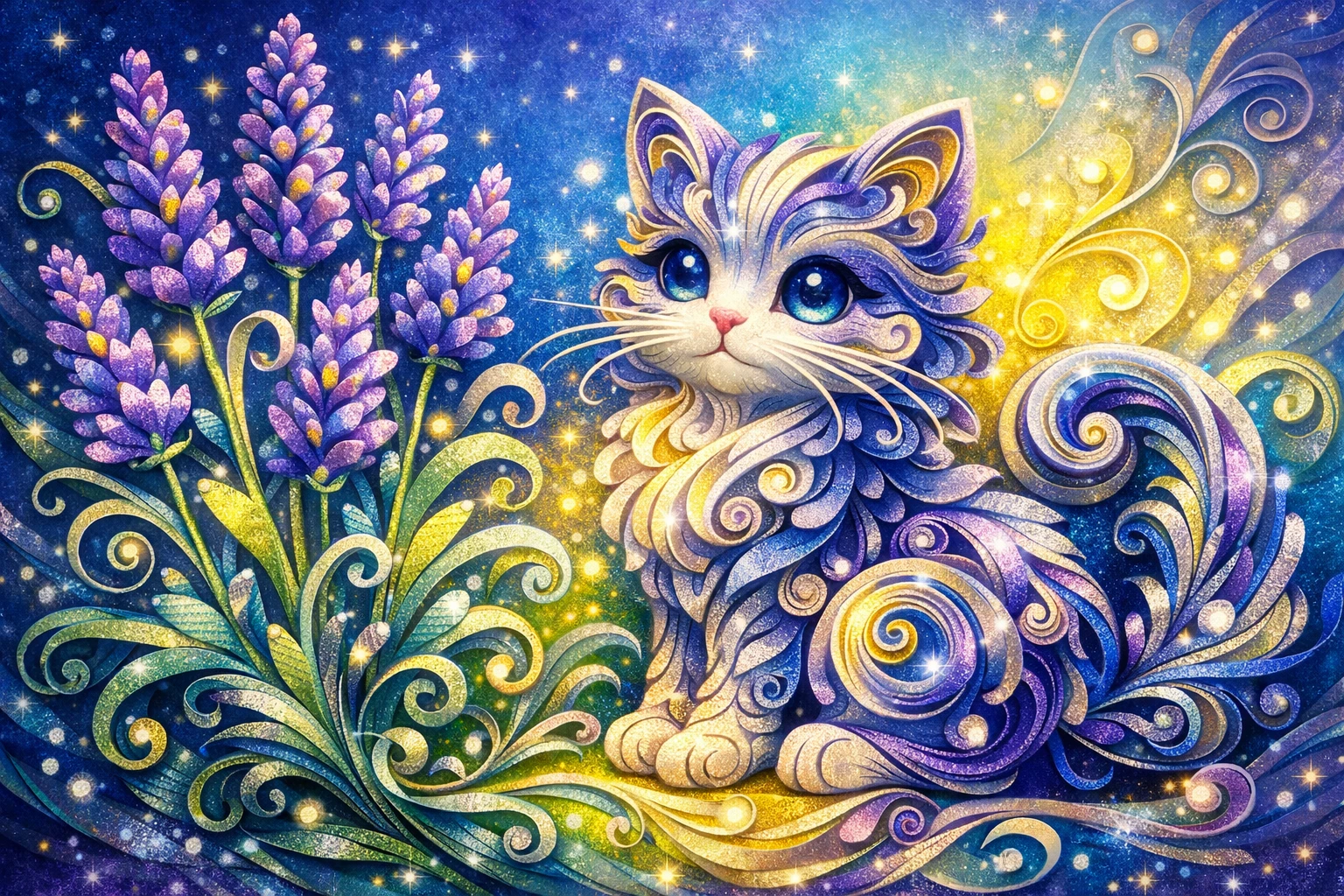 咲き誇るラベンダーのそばにいる遊び心あふれるペーパークイリングの猫