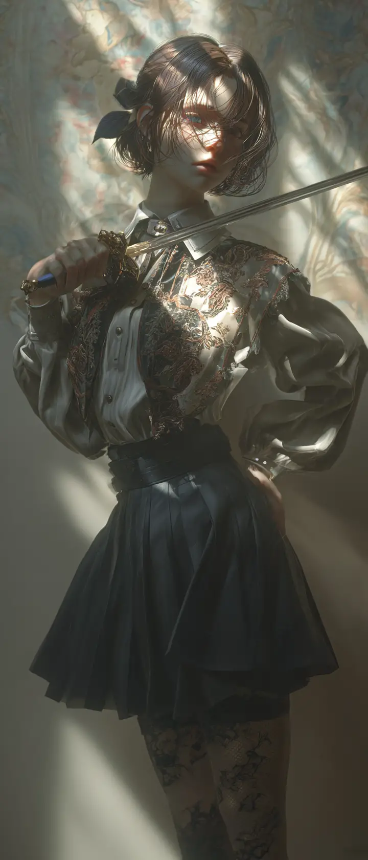 3D portrait of elegant sword wielding woman in chiaroscuro