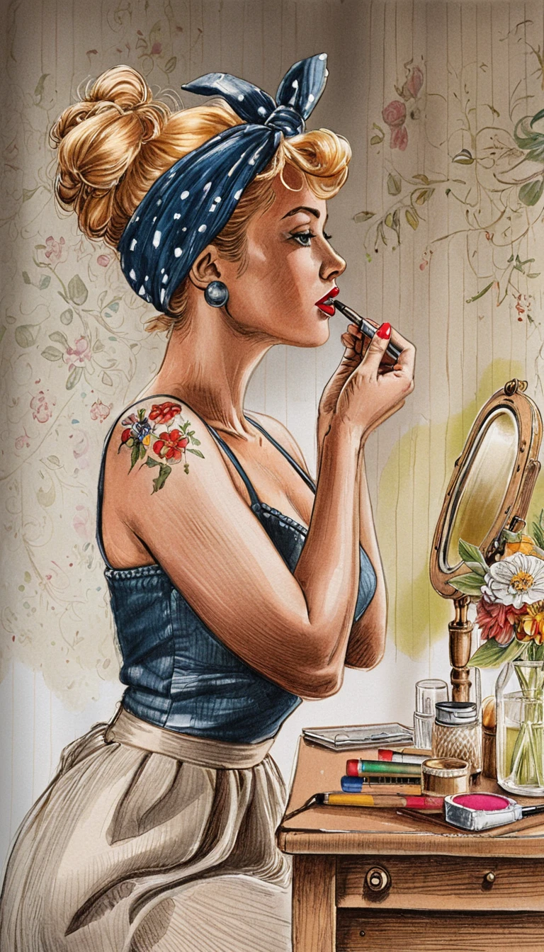 Femme pin-up blonde appliquant du rouge à lèvres devant une coiffeuse vintage