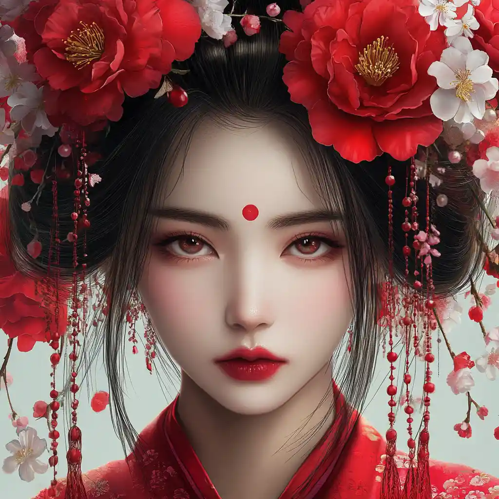 Anime geisha portrait with red camellia floral crown