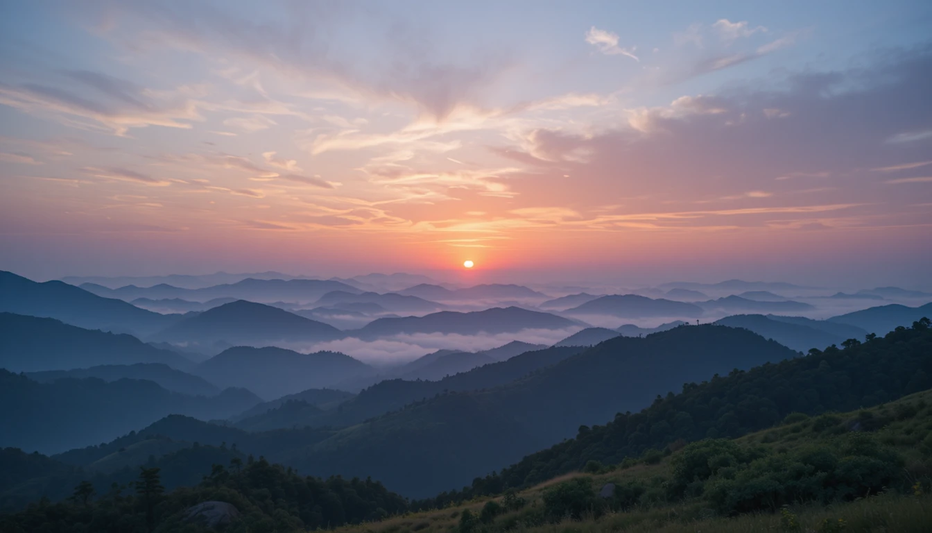 Soft sunrise over distant hills in gentle pastel sky