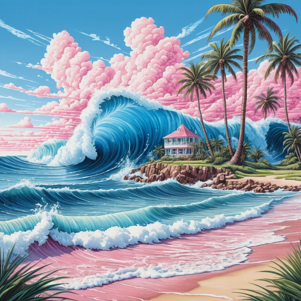 Ondas coloridas de verão e coqueiros na orla