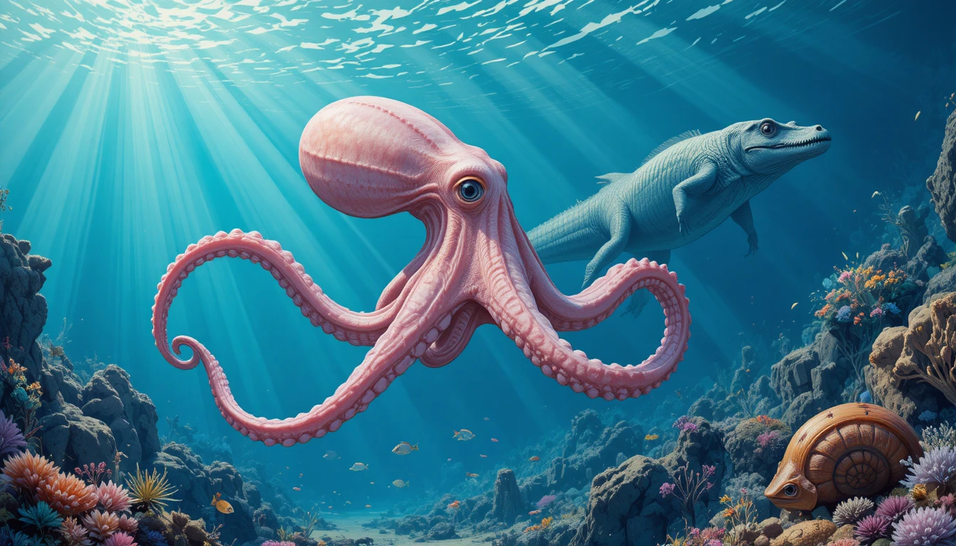 Poulpe rose pâle dans une scène d’océan bleu préhistorique