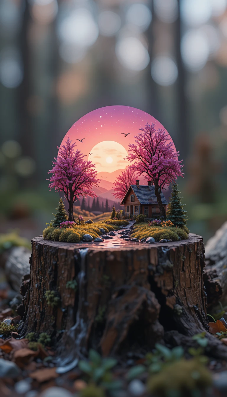 Scène macro d’une chouette sur une vieille bûche au coucher du soleil