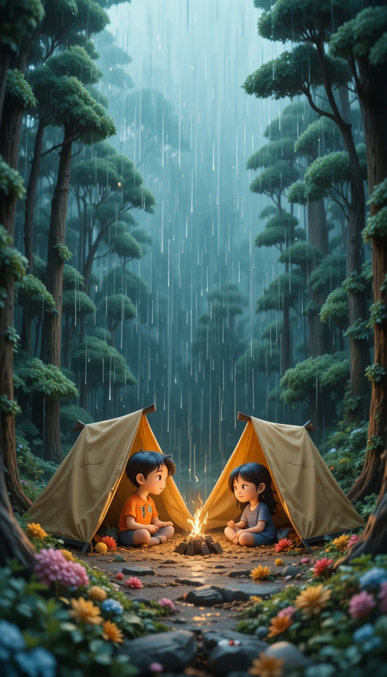 Barracas de camping de argila infantil em uma floresta chuvosa