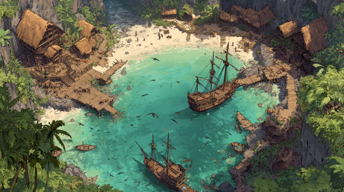 Dramatic pirate cove with ships anchored in clear water