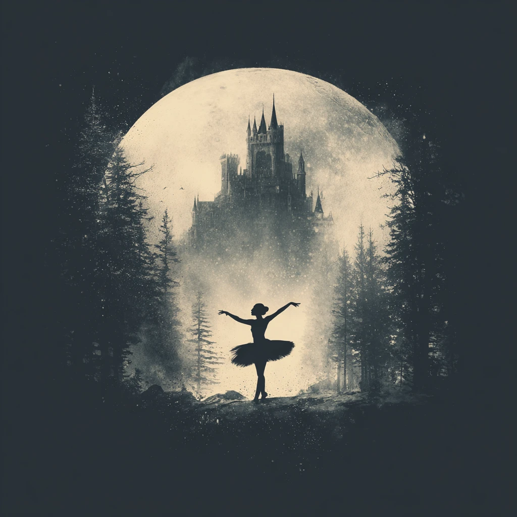 Silhouettierte Ballerina, die vor einem riesigen silbernen Mond tanzt
