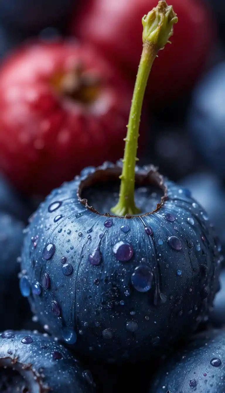 Nahaufnahme einer einzelnen Blaubeere mit glitzernden Wassertropfen
