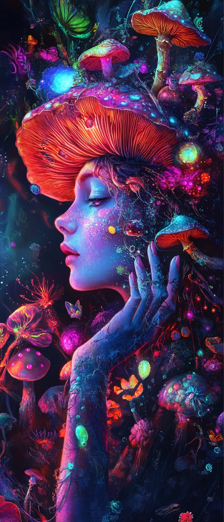 Enchanting Mushroom Fairy In Vibrant Neon Fantasy Forest