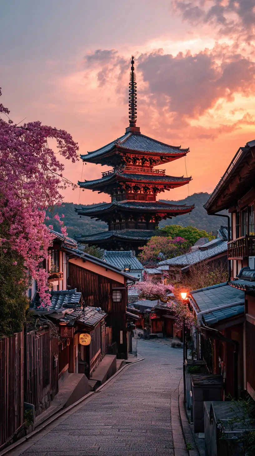 Rue de ville au coucher du soleil avec pagode sur une colline escarpée