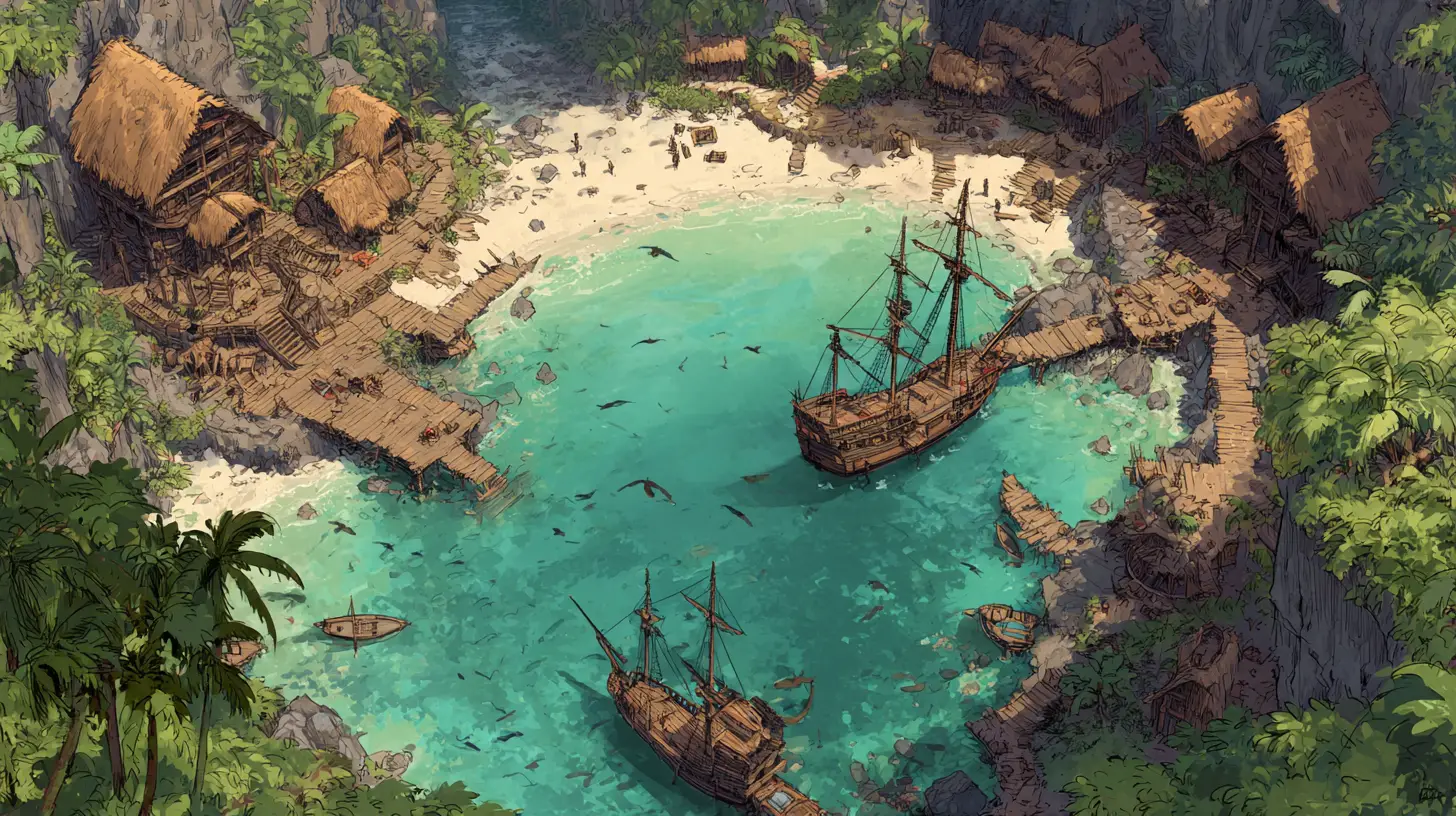 Dramatic pirate cove with ships anchored in clear water