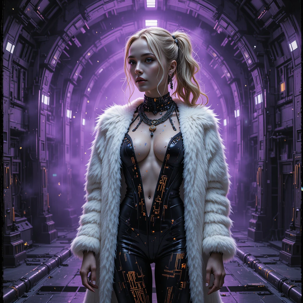 Donna cyberpunk nell’interno di una cattedrale‑reattore in glitch