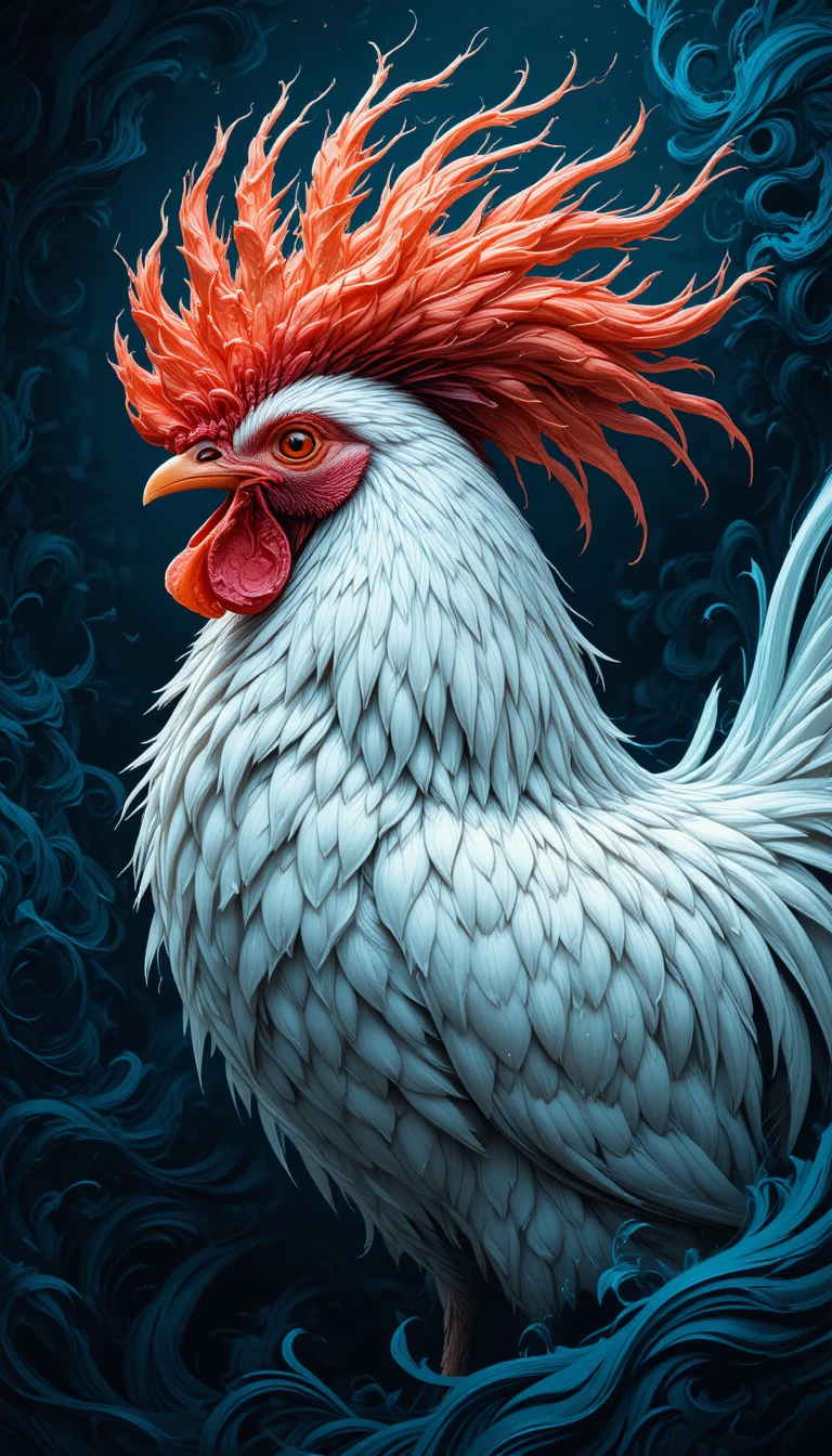 Retrato digital dinâmico de galo com plumagem vermelha e laranja vibrante