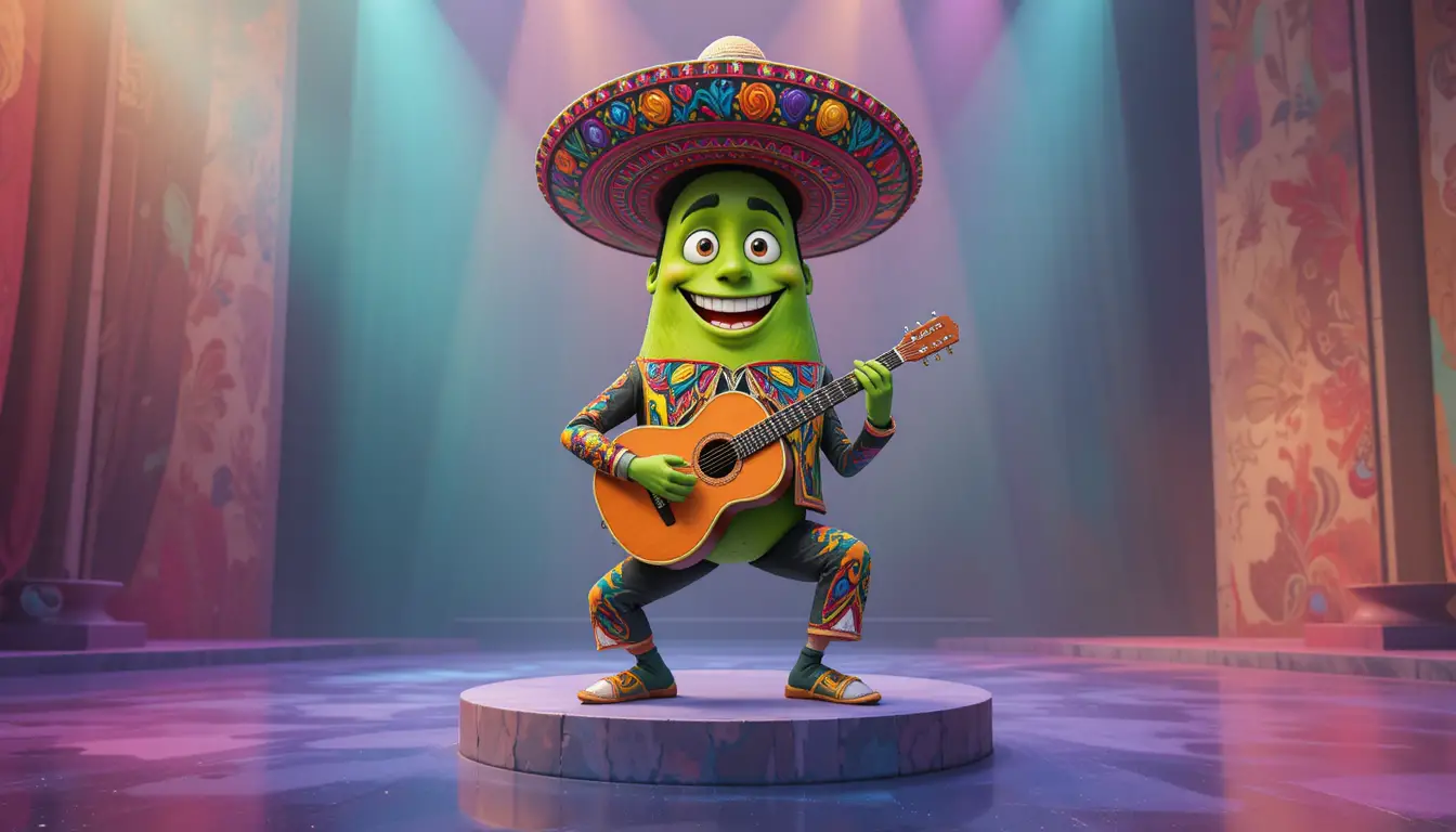 Mascota de aguacate verde tocando guitarra en un escenario reflectante