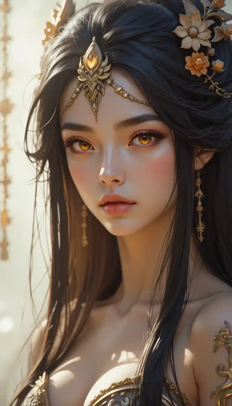琥珀色眼眸與長黑髮的龍族女子