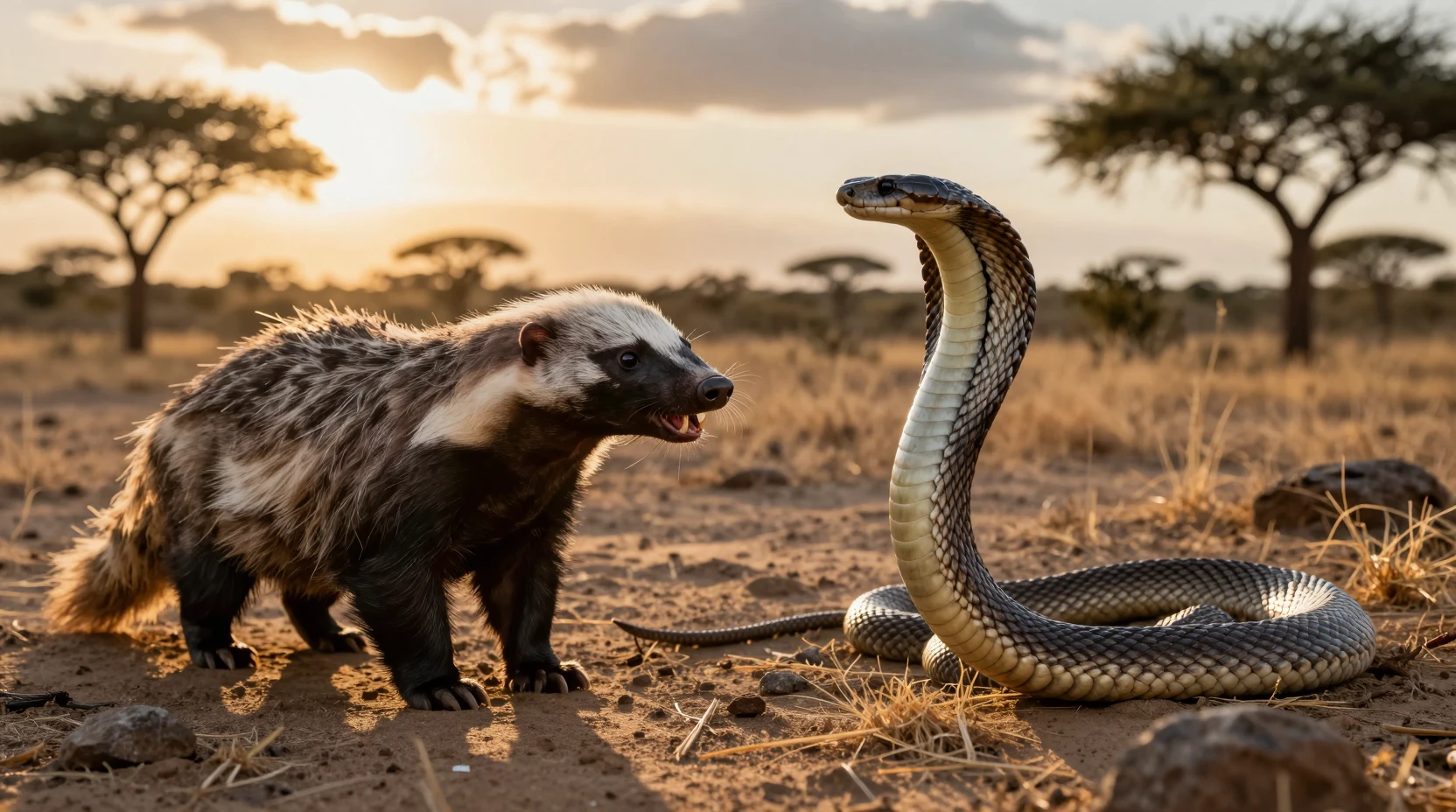 Texugo-do-mel e cobra em confronto ao pôr do sol dourado na savana