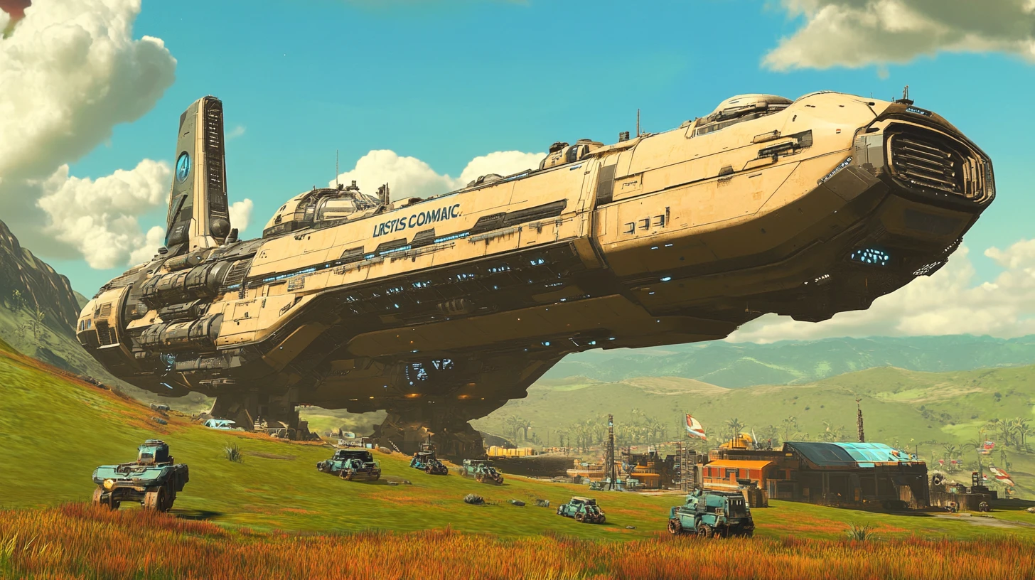 Gigantic tan cargo spaceship landing beside small grassy outpost