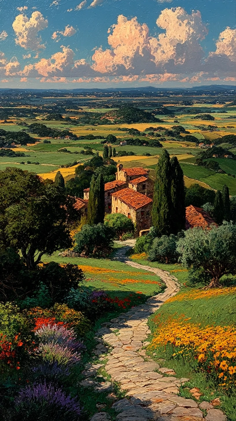 Paisagem na hora dourada com casas de fazenda francesas e vinhedos