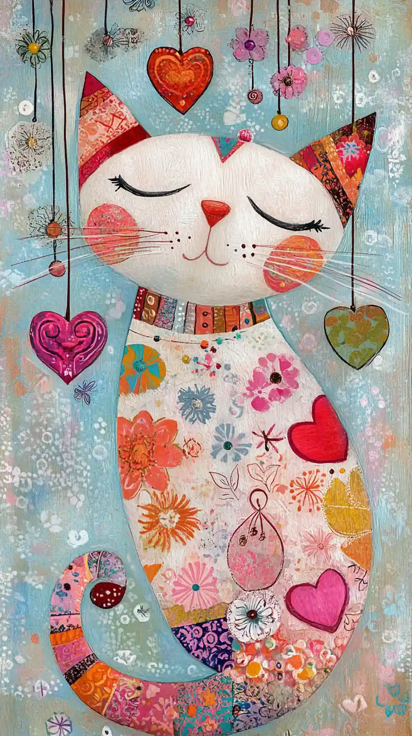Whimsical folk art cat with floral patterned body