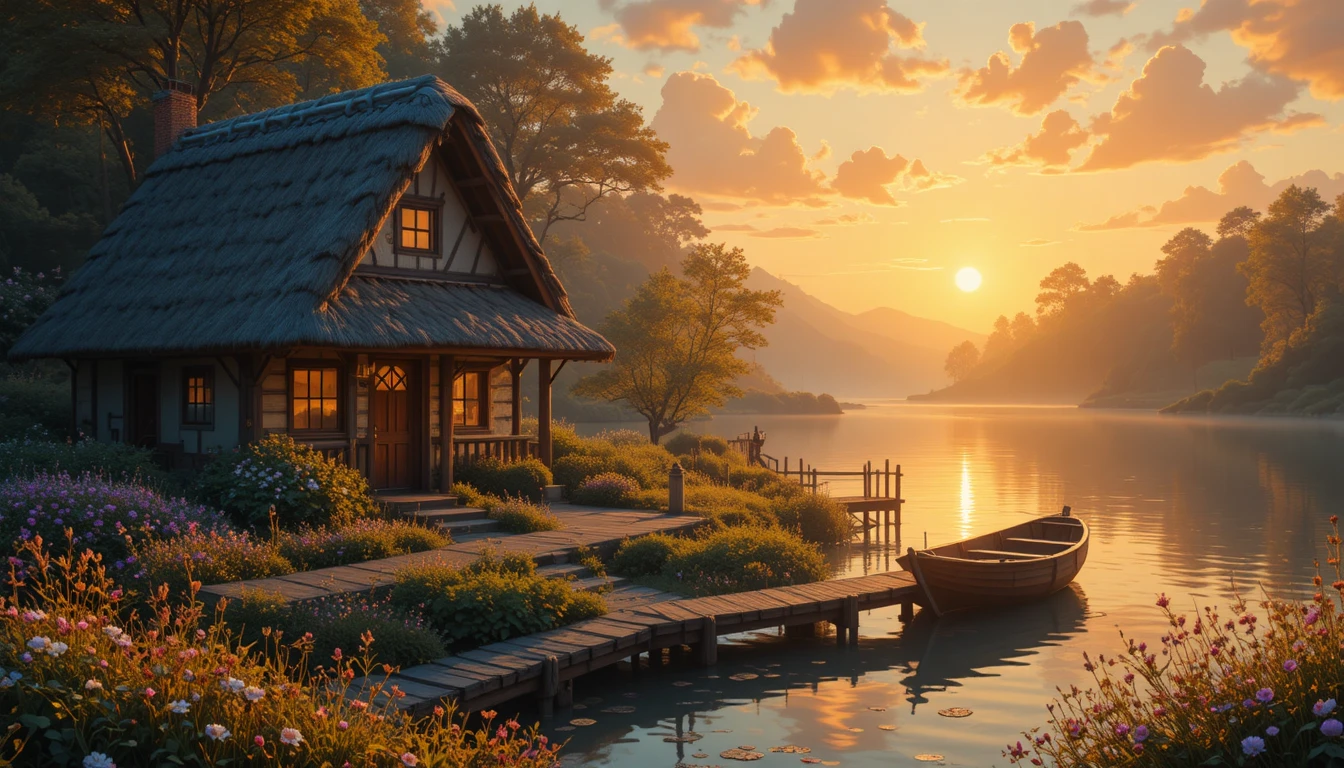 Gemütliche Hütte am Fluss im warmen Licht des Sonnenuntergangs