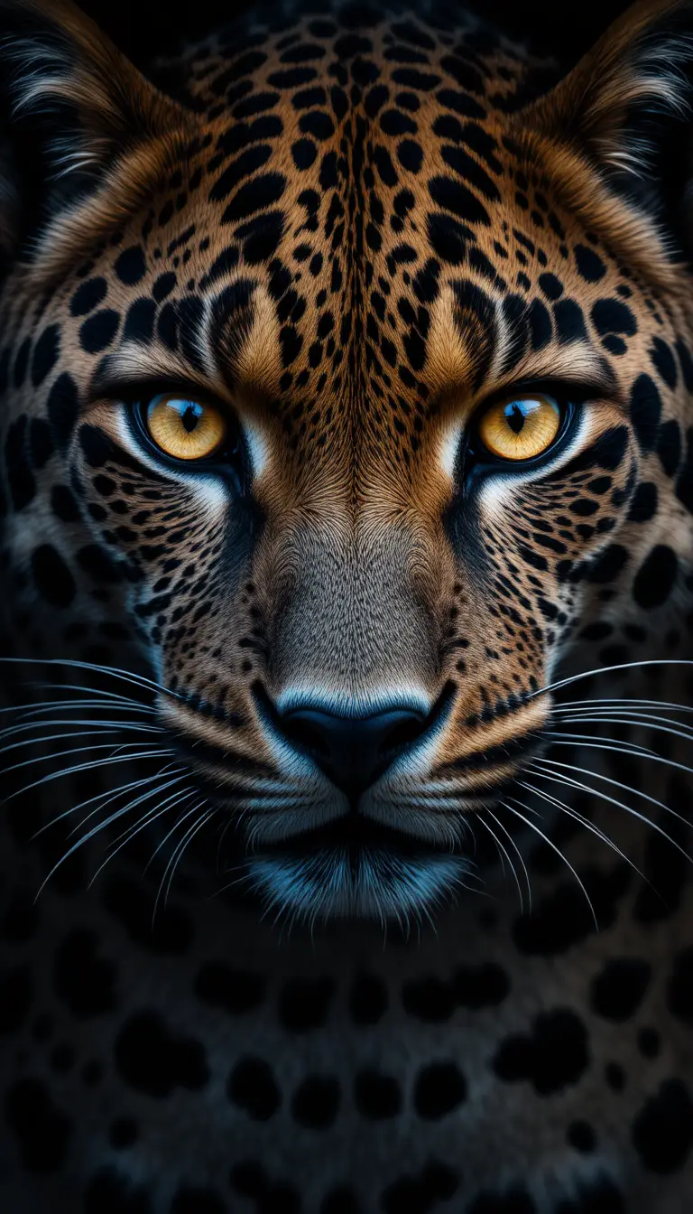 Primo piano del volto di un leopardo con penetranti occhi gialli su sfondo nero