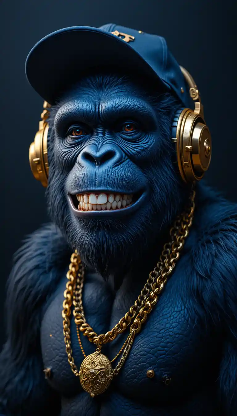 Grinning Blue Ape In Gold Bling With Headphones