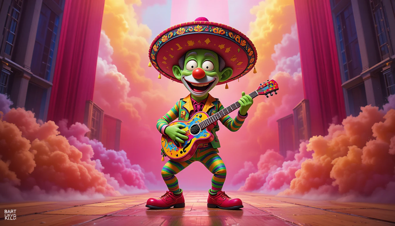 Guitarrista palhaço verde em vibrante fantasia mexicana