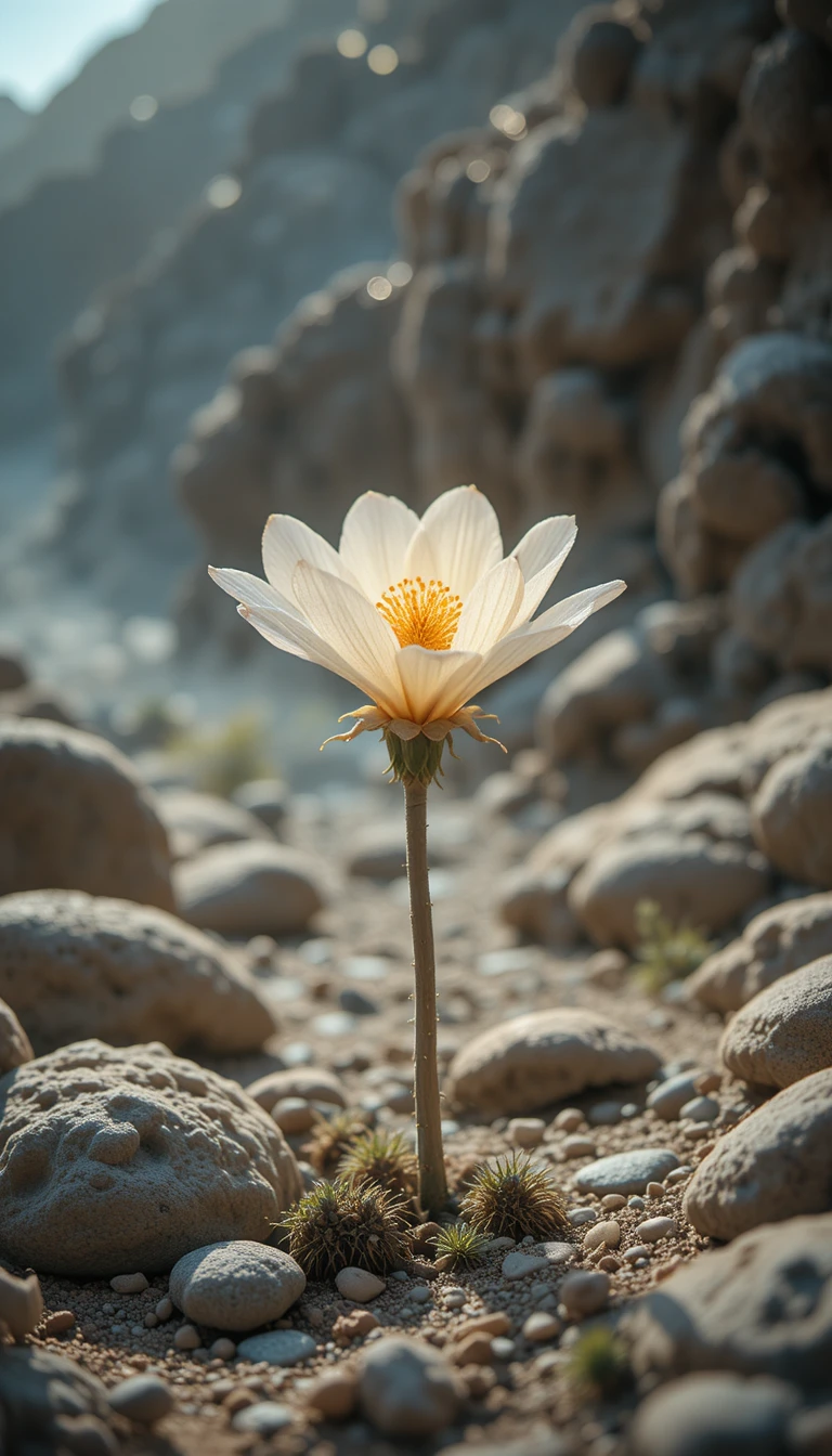 古代の象徴的な岩を照らす光り輝く砂漠の花