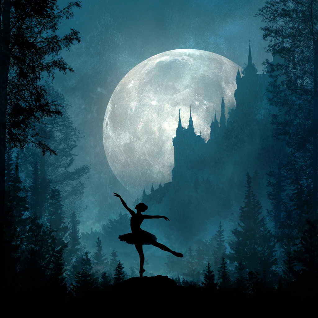 Silhouettierte Ballerina tanzt vor einem riesigen silbernen Mond