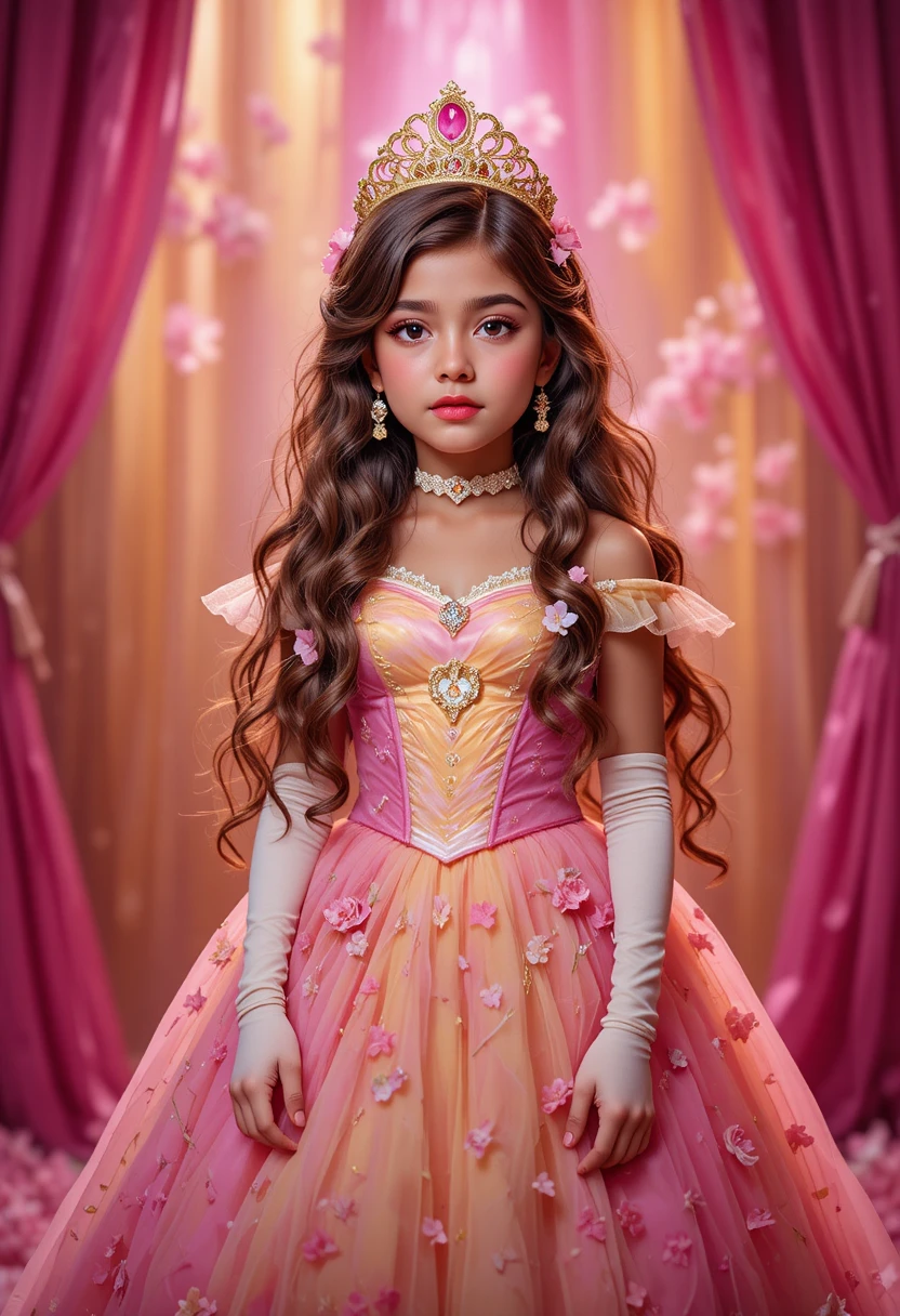 Anxious tween boy in colorful dress under stage spotlight