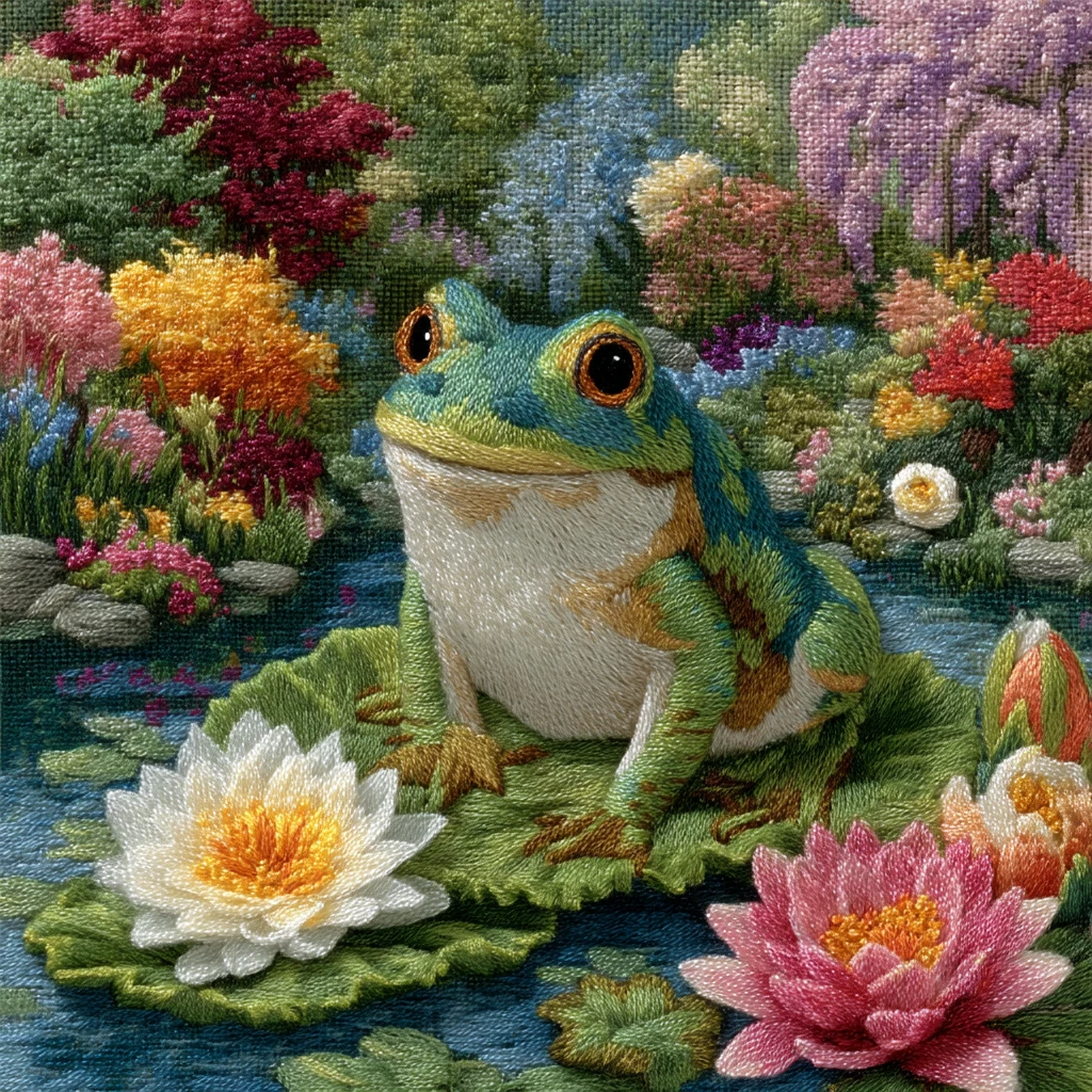 Grenouille Joyeuse sur Nénuphar en Broderie dans un Jardin de Printemps