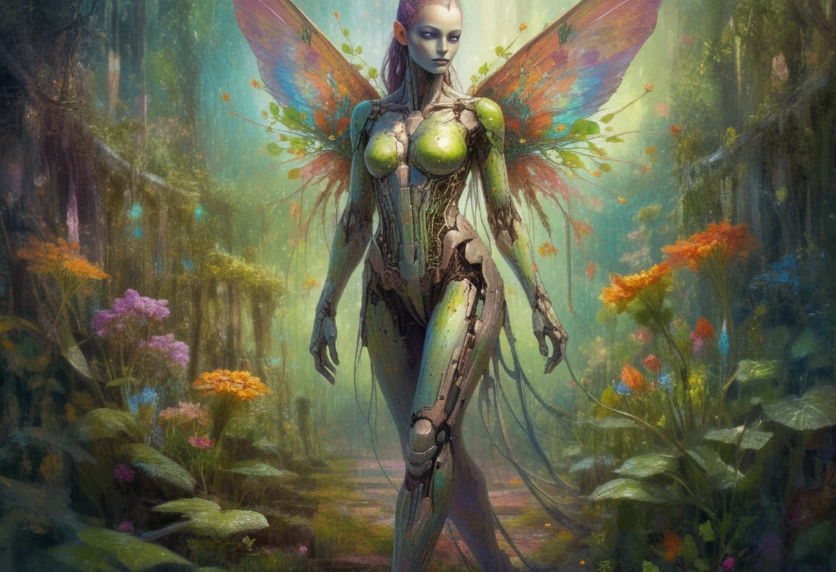 Donna fata mezzo cyborg che cammina in un giardino colorato