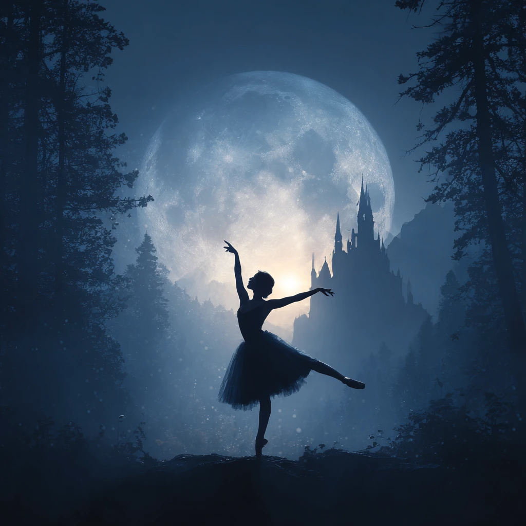 Silhouettierte Ballerina, die vor einem riesigen silbernen Mond tanzt