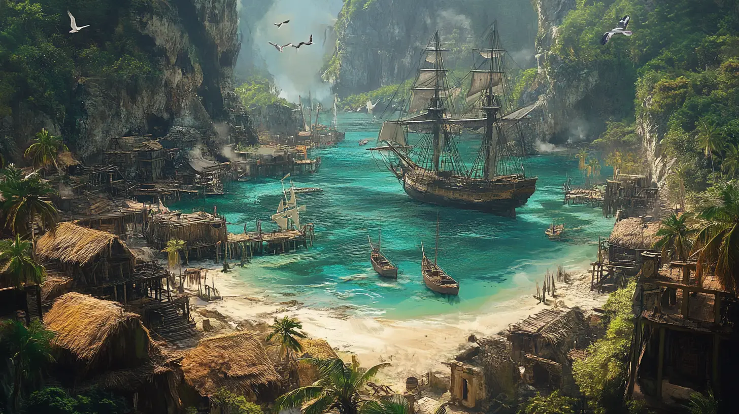 Dramatic pirate cove with ships and ramshackle beach huts
